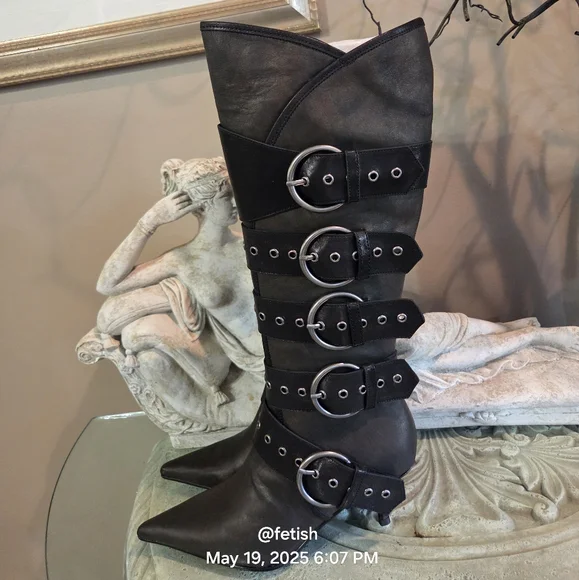 Jeffery Campbell Knee High Seatbelt Boots Brown Distressed Leather Grainy #70 - Picture 8 of 12